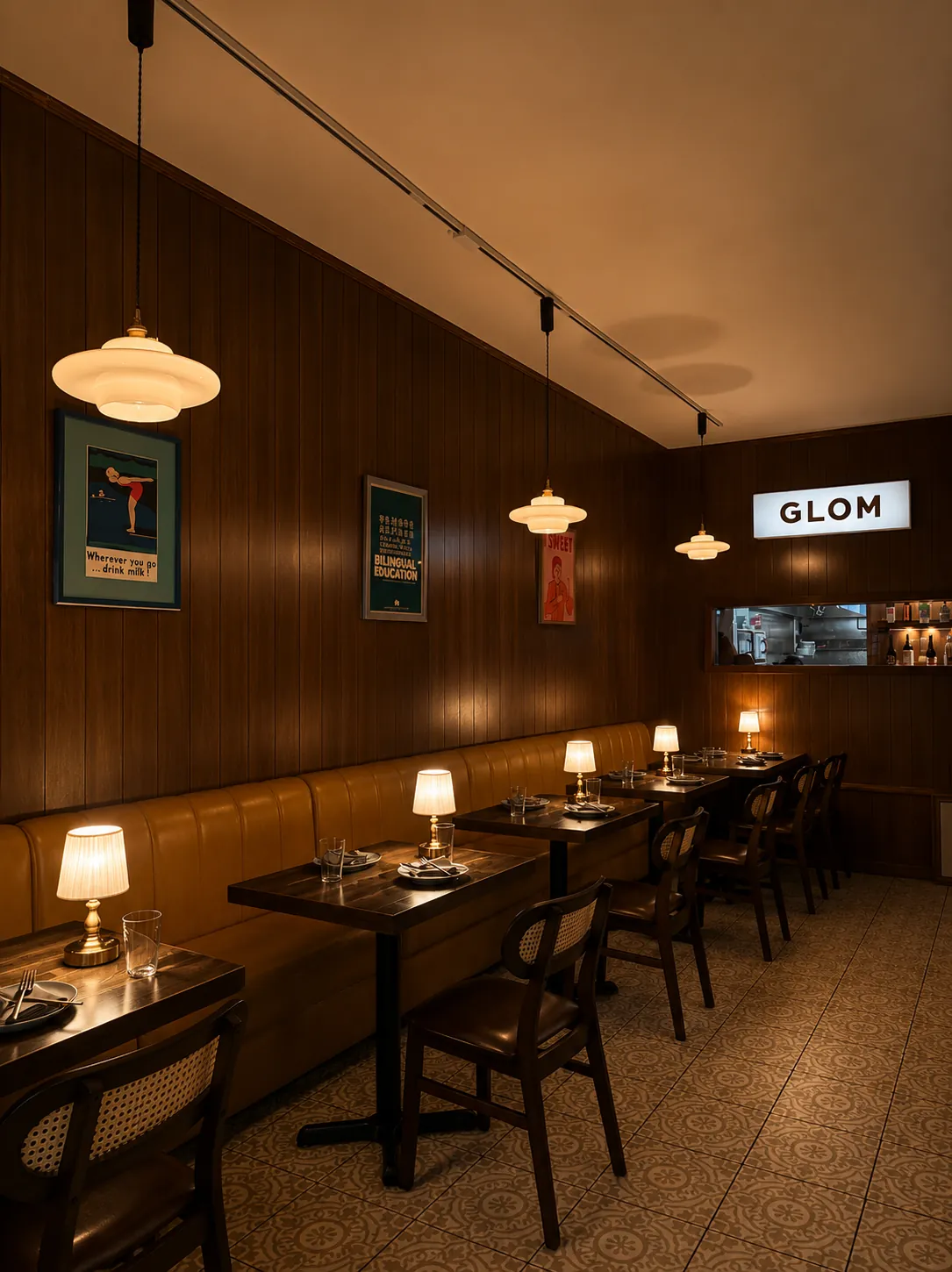 Glom Thai's dining room, with wood-paneled walls, pendant lights and lamp-lit tables